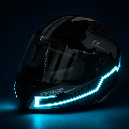 Casque moto noir équipé de bandes LED bleues Night RiderZ